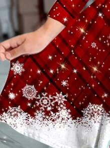 Vestido de Natal de manga comprida com estampa xadrez e floco de neve deslumbrante para meninas - Vermelho, roupa de festa festiva - Traje de férias de inverno para ocasiões especiais - Multicolorido - Ver 5
