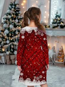 Vestido de Natal de manga comprida com estampa xadrez e floco de neve deslumbrante para meninas - Vermelho, roupa de festa festiva - Traje de férias de inverno para ocasiões especiais - Multicolorido - Ver 3