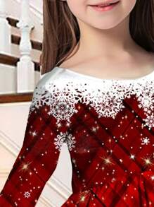 Vestido de Natal de manga comprida com estampa xadrez e floco de neve deslumbrante para meninas - Vermelho, roupa de festa festiva - Traje de férias de inverno para ocasiões especiais - Multicolorido - Ver 4