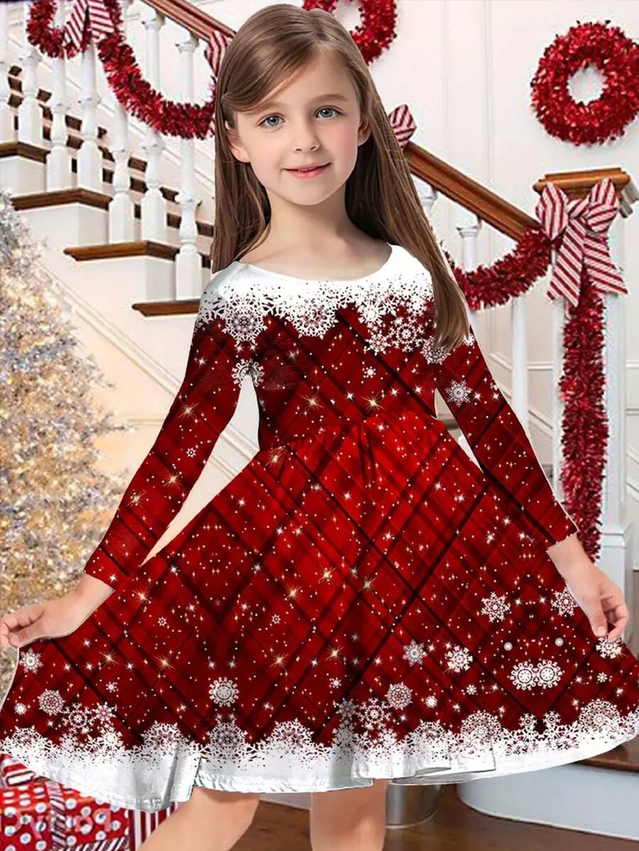 Vestido de Natal de manga comprida com estampa xadrez e floco de neve deslumbrante para meninas - Vermelho, roupa de festa festiva - Traje de férias de inverno para ocasiões especiais - Multicolorido - Ver 1