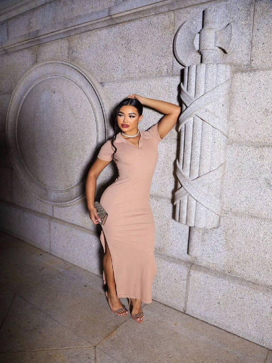 Women's Polo Dress In Plain Ribbed Fabric With Side Slit Spring Summer Fashion Blogger Foreign Fashion - 米色 - 查看 1