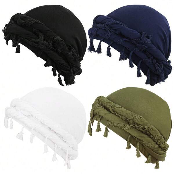 4pcs Vintage Tassel Twisted Bonnets, Unisex Braided Hairband Turbans Halloween