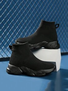 1 Paar Kinder Outdoor Freizeitschuhe mit einfarbigem rutschfestem Gummiboden, runde Zehenkappe, EVA-Sohle, Mädchen Sportschuhe mit süßen Socken, Eltern-Kind-Schuhe - Schwarz - Übersicht 2