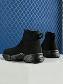 1 Paar Kinder Outdoor Freizeitschuhe mit einfarbigem rutschfestem Gummiboden, runde Zehenkappe, EVA-Sohle, Mädchen Sportschuhe mit süßen Socken, Eltern-Kind-Schuhe - Schwarz - Übersicht 4