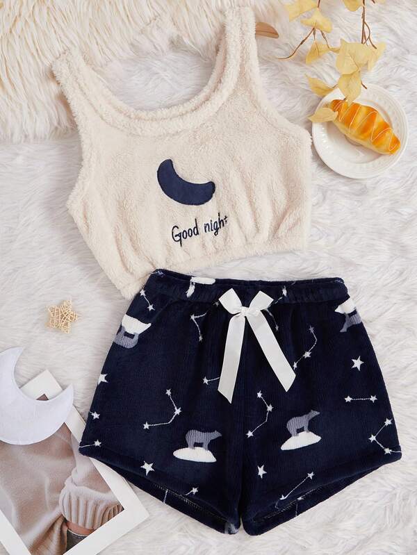 Set de 2 piezas de ropa de dormir para mujer: Chaleco con estampado de luna y oso polar + Pantalones cortos azul marino con constelación de oso polar