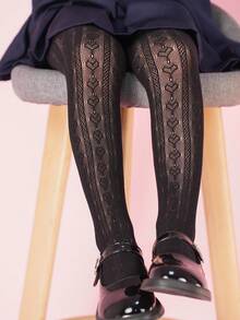 1 件儿童女童舒适透气竖条纹心形网眼提花连裤袜，适合公主时尚、舞蹈和日常穿着 - 黑色 - 查看 4