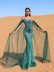 Faeriesty Haute Glamour Off-The-Shoulder Women's Formal Evening Gown With Delicate Spaghetti Straps, Sheer Tulle Spliced Shoulder Accents And Elegant Mermaid Hemline For Red Carpet Galas, Wedding Banquets, Charity Balls, Award Ceremonies And Formal Dinners Party - Dark Green - View 3