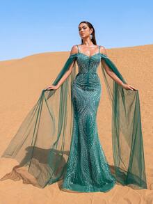 Faeriesty Haute Glamour Off-The-Shoulder Women's Formal Evening Gown With Delicate Spaghetti Straps, Sheer Tulle Spliced Shoulder Accents And Elegant Mermaid Hemline For Red Carpet Galas, Wedding Banquets, Charity Balls, Award Ceremonies And Formal Dinners Party - Dark Green - View 5