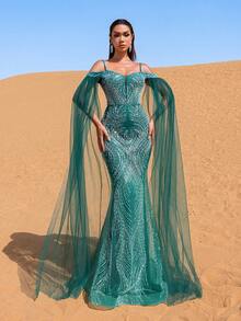 Faeriesty Haute Glamour Off-The-Shoulder Women's Formal Evening Gown With Delicate Spaghetti Straps, Sheer Tulle Spliced Shoulder Accents And Elegant Mermaid Hemline For Red Carpet Galas, Wedding Banquets, Charity Balls, Award Ceremonies And Formal Dinners Party - Dark Green - View 6