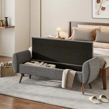 LIVINGANDHOME Living And Home Linen Upholstered Storage Bench - 151cm W x 47cm D x 55cm H  Grey - View 4