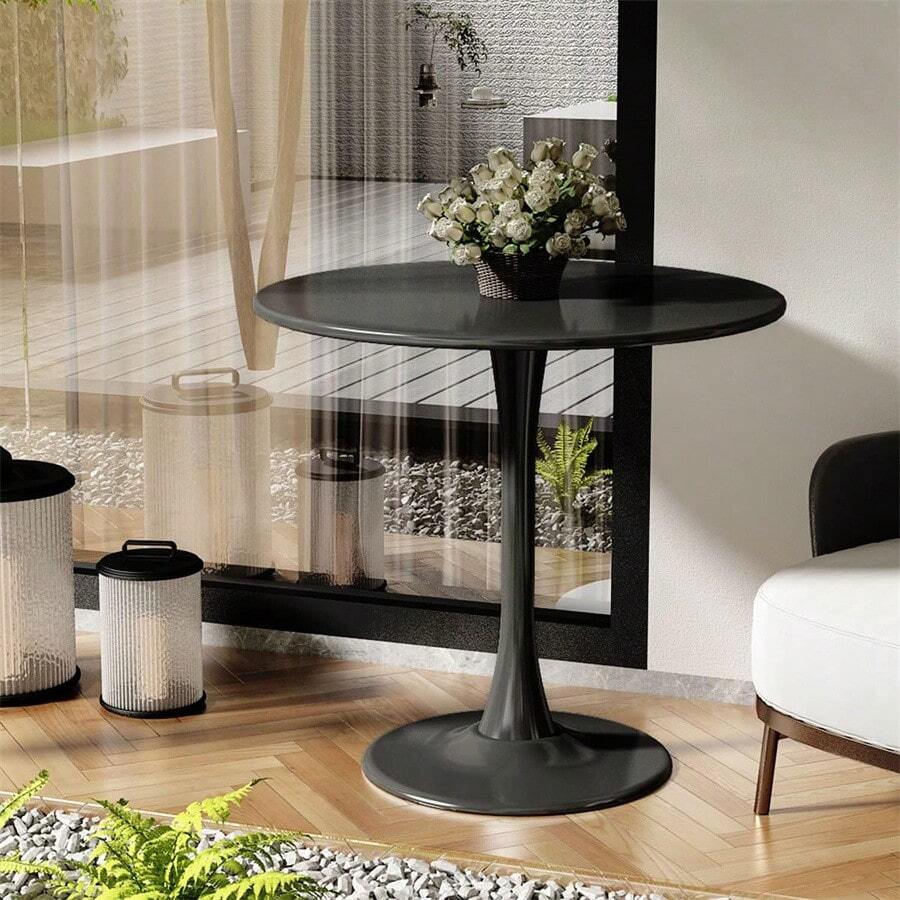 Black Round Table, Modern Dining Table, MDF Top And Steel Base Tulip Round Kitchen Table, Mid Century Coffee Table For Living Room 24 Inch - 黑色 - 查看 1