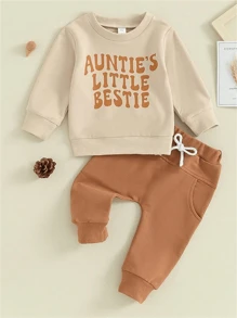 Baby Jungen Frühling Und Herbst Anzug, Buchstabe Muster Langärmliges Oberteil Und Hose Sport Set