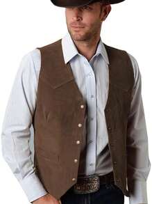 Chaleco con cuello en V para hombre, chaqueta sin mangas informal y vintage - Café integral - Ver 2