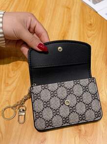 新款女士卡其色 PU 皮革花卉印花短款经典复古时尚纽扣硬币多功能钱包简约手拿包礼品卡包带可拆卸链条 PU 皮革 S 女士钱包钱包小钱包 - 彩色 - 查看 5