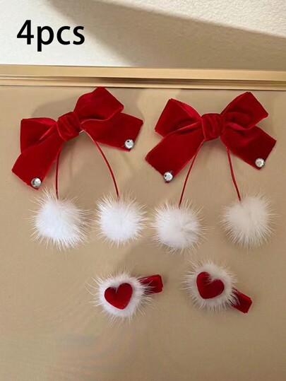4 Peças Presilha de Cabelo Laço Pequena, Fofa e Perfumada, Clipe de Rabo de Cavalo Duplo, Acessório de Cabelo, Laço de Veludo Vermelho, Presente de Aniversário, Clipe de Cabelo Fofo de Amor