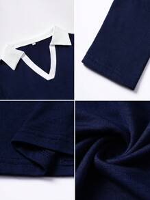 Vaiaye Women Elegant High Collar Spring/Summer Top, Suitable For Work And Daily Wear, Solid Color Long Sleeve Knit T-Shirt Casual - Navy Blue - View 11