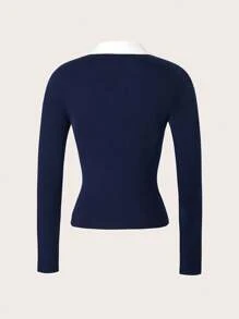 Vaiaye Women Elegant High Collar Spring/Summer Top, Suitable For Work And Daily Wear, Solid Color Long Sleeve Knit T-Shirt Casual - Navy Blue - View 4
