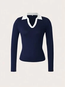 Vaiaye Women Elegant High Collar Spring/Summer Top, Suitable For Work And Daily Wear, Solid Color Long Sleeve Knit T-Shirt Casual - Navy Blue - View 3