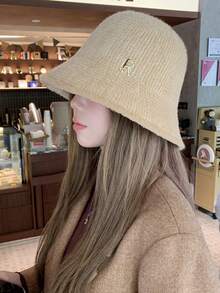 1 件女士时尚简约百搭字母印花纯色休闲渔夫帽，厚实保暖护耳，适合日常佩戴，冬季帽子 - 彩色 - 查看 6