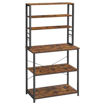 VASAGLE Scaffale da Cucina, Supporto per Forno a Microonde, Portaoggetti a 6 Ripiani con 6 Ganci per Bar, Struttura in Acciaio, Industriale, 40 x 80 x 167 cm, Marrone Vintage e Nero/Colore Rovere e Bianco/Greige e Nero