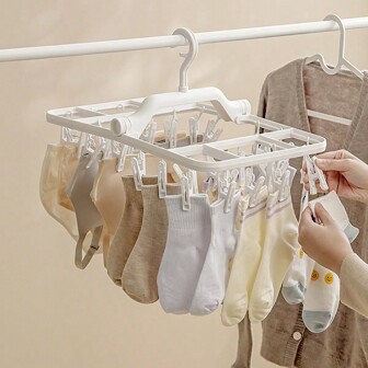 1 Pc Multifunctional Folding Clothes Drying Rack With 12/20/32 Clothespins, Windproof Folding Clothes Drying Rack, Small Convenient Clothes Drying Rack, Plastic Hanging Clothes Drying Rack, Suitable For Drying Underwear, Towels, Baby Clothes, Hats, Scarves, Socks, Bras , Pants, Diapers, Suitable For Baby Gifts, Special Gifts, Housewarming Gifts