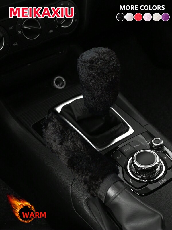 MEIKAXIU 2 peças/conjunto de capa de freio de mão de pelúcia de inverno e conjunto de manga de manopla de câmbio, acessórios internos de carro macios e confortáveis, adequados para transmissão manual, cores: preto, vermelho, rosa, cinza, bege, roxo