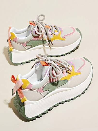 New 2024 Autumn Chunky Sneakers For Women, Breathable Platform Lace-Up Colorblock Casual Shoes