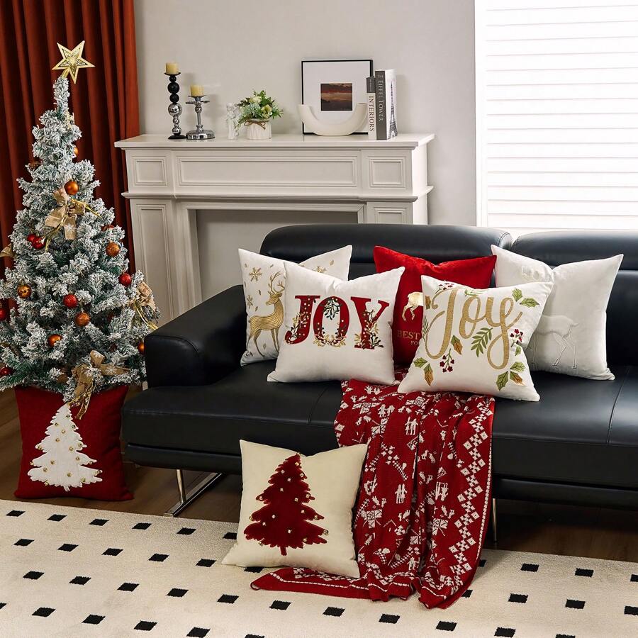 1 件圣诞树抱枕套，鹿和雪花刺绣 18x18 枕套家居圣诞金色装饰靠垫套柔软适用于沙发床椅子 - 紅色JOY - 查看 1