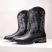 男士新款复古绣花线西部牛仔靴，休闲百搭方头粗跟切尔西踝靴，户外农活皮革马靴 - 黑色 - 查看 3