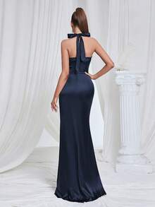 Vintage Elegant High Collar Halter Satin Slit Fishtail Evening Dress Wedding Party Fall - Navy Blue - View 6