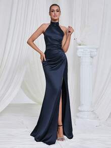 Vintage Elegant High Collar Halter Satin Slit Fishtail Evening Dress Wedding Party Fall - Navy Blue - View 3