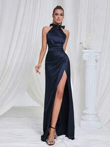 Vintage Elegant High Collar Halter Satin Slit Fishtail Evening Dress Wedding Party Fall - Navy Blue - View 5