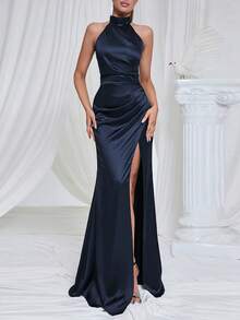 Vintage Elegant High Collar Halter Satin Slit Fishtail Evening Dress Wedding Party Fall - Navy Blue - View 2