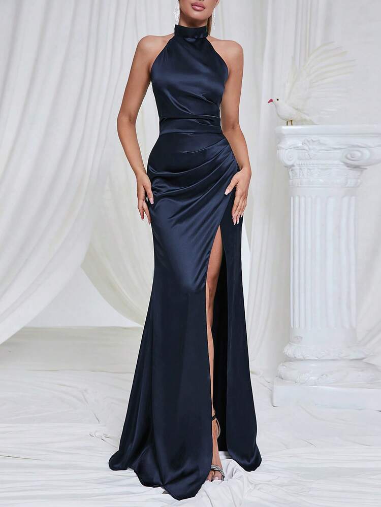 Sleeveless V-Neck Slit Cami Dress, Perfect For Cocktail Parties Or Formal Dinners, Elegant Semi-Formal Gown Suitable For Birthday, Wedding Guest, Graduation, Gala, Homecoming And Other Occasions - Navy Blue - View 2