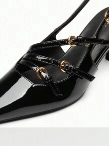 Women's Kitten Heel Slingback Pumps Square Toe Metal Buckle Strap Low Heels Sexy Wedding Party Dress Shoes - màu đen - Xem 8