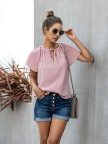 Women's Short Sleeve Tie Neck Blouse With Keyhole Front Detail