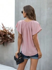 Women's Short Sleeve Tie Neck Blouse With Keyhole Front Detail