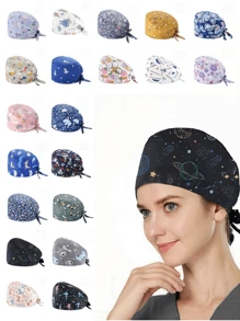 1pc Women Mountain & Water Print Cartoon Graffiti Polyester Printed Scrub Cap, Four Seasons Medical Worker Cap For Doctor, Nurse, Beauty Salon, Veterinary, Anti-Bacterial Dust Free Halloween