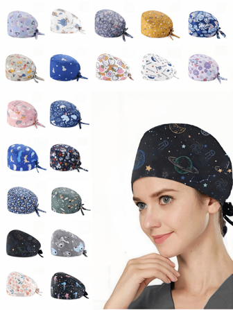 1pc Women Mountain & Water Print Cartoon Graffiti Polyester Printed Scrub Cap, Four Seasons Medical Worker Cap For Doctor, Nurse, Beauty Salon, Veterinary, Anti-Bacterial Dust Free Halloween