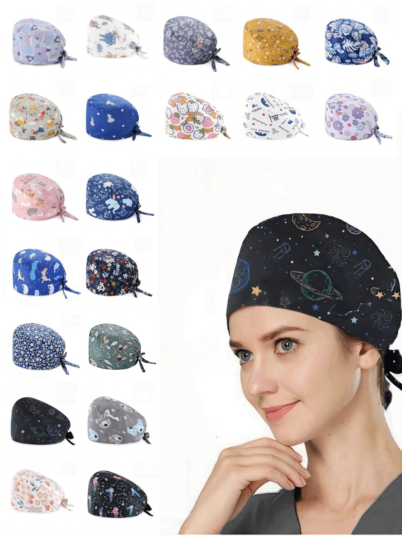 1pc Women Mountain & Water Print Cartoon Graffiti Polyester Printed Scrub Cap, Four Seasons Medical Worker Cap For Doctor, Nurse, Beauty Salon, Veterinary, Anti-Bacterial Dust Free Halloween