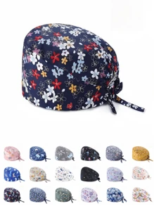 1pc Women Mountain & Water Print Cartoon Graffiti Polyester Printed Scrub Cap, Four Seasons Medical Worker Cap For Doctor, Nurse, Beauty Salon, Veterinary, Anti-Bacterial Dust Free Halloween