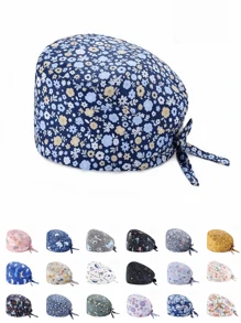 1pc Women Mountain & Water Print Cartoon Graffiti Polyester Printed Scrub Cap, Four Seasons Medical Worker Cap For Doctor, Nurse, Beauty Salon, Veterinary, Anti-Bacterial Dust Free Halloween
