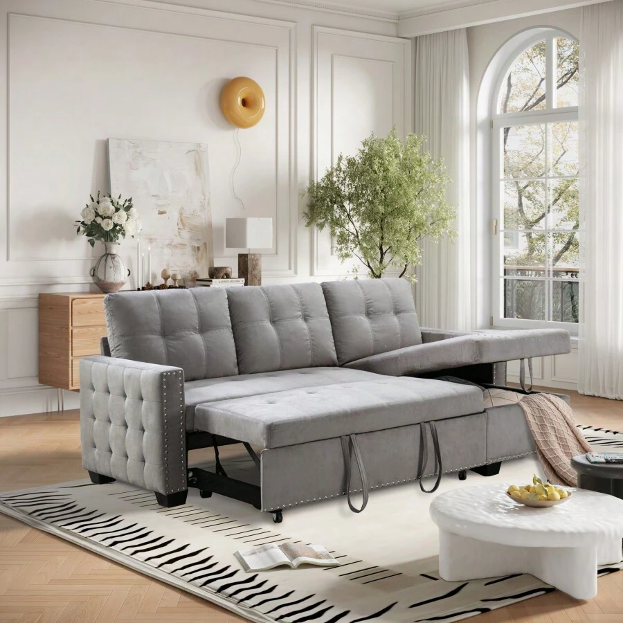 77 Inch Reversible Sectional Storage Sleeper Sofa Bed, L-Shape 2 Seat Sectional Chaise With Storage, Skin-Feeling Velvet Fabric, Light Grey Color For Living Room Furniture - XÁM NHẠT + Vải + 3 Ghế như hình - Xem 1