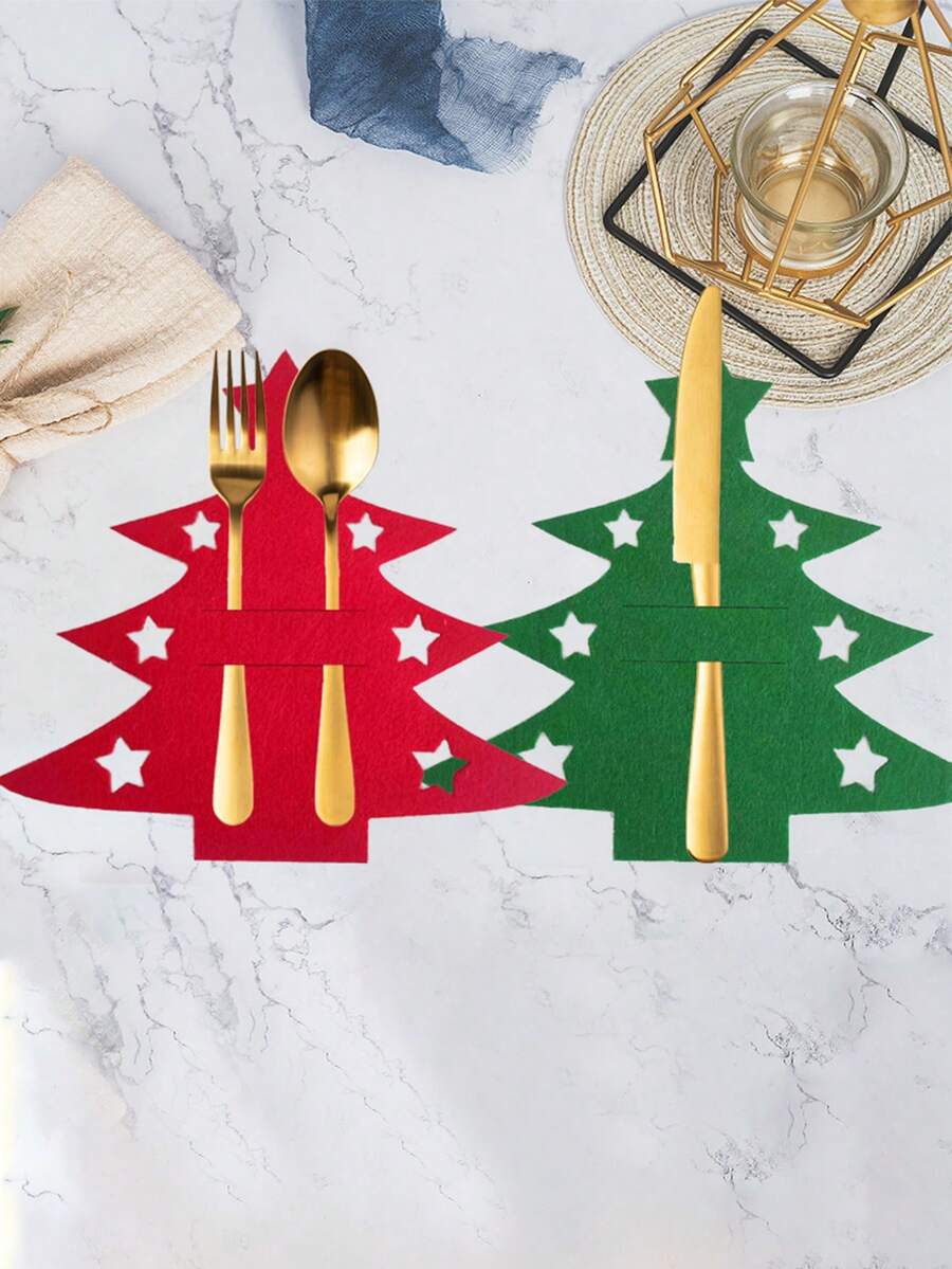 2 chiếc giá để đồ trang trí Giáng sinh bằng nỉ, túi đựng thìa nĩa hình cây thông Noel mini, dùng cho tiệc Giáng sinh, bữa tối - Nhiều màu - Xem 1