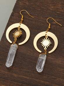 1pair Hippie  Sun Crescent Earrings Brass Color Witchy Jewelry Bohemia Birthday Magical Clear Stone Point Women Fashion Gift