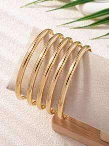 Set Of 5 Smooth Metal Bangle Bracelet, Circular Shaped, Fashionable And Simple, Luxurious And Grand Gold Jewelry, Suitable As Daily Wear Or For Parties And Events, Ideal Gift For Women - Yellow Gold - View 2