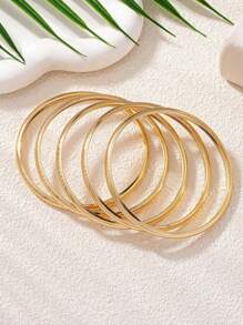 Set Of 5 Smooth Metal Bangle Bracelet, Circular Shaped, Fashionable And Simple, Luxurious And Grand Gold Jewelry, Suitable As Daily Wear Or For Parties And Events, Ideal Gift For Women - Yellow Gold - View 3