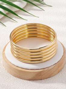 Set Of 5 Smooth Metal Bangle Bracelet, Circular Shaped, Fashionable And Simple, Luxurious And Grand Gold Jewelry, Suitable As Daily Wear Or For Parties And Events, Ideal Gift For Women - Yellow Gold - View 4