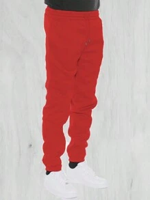 Men's Basic Drawstring Waist & Cuffed Casual Sweatpants For Outdoor Running, Spring And Fall - Đỏ - Xem 3