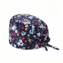 1pc Women Mountain & Water Print Cartoon Graffiti Polyester Printed Scrub Cap, Four Seasons Medical Worker Cap For Doctor, Nurse, Beauty Salon, Veterinary, Anti-Bacterial Dust Free Halloween